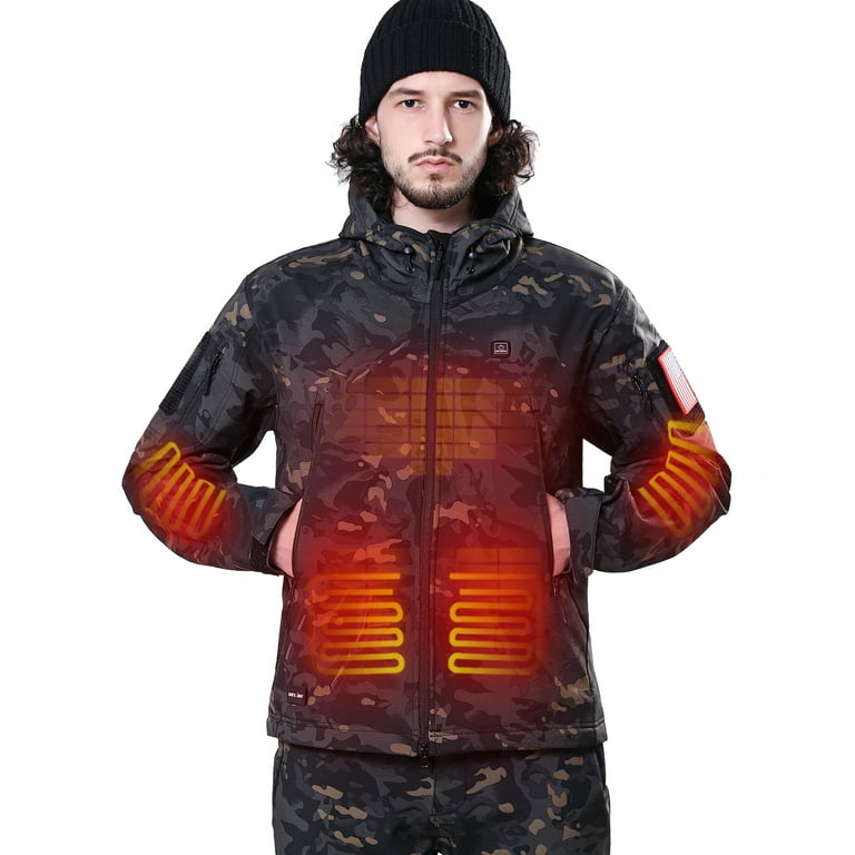 DEWBU Heated Jacket with 12V Battery Pack Winter Outdoor Soft Shell  Electric Heating Coat, Men's Black Camo, M