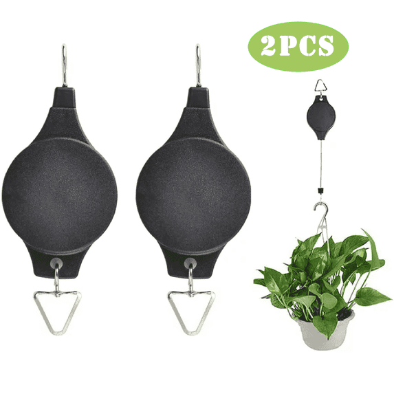 DEWEL 2-Pack Plant Hook Pulley Retractable Plant Hanger,Black Nylon and Plastic Hanging Plant Hangers for Flower Pots and Birds Feeder in Adjustable Height