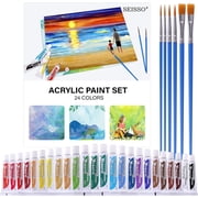 DEWEL 24-Color Acrylic Paint Set with 6 Brushes, Flat Finish, for Adults and Kids