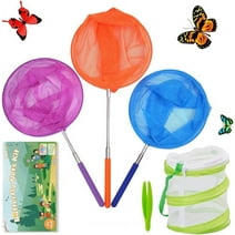 DEWEL 3 Pack Colored Telescopic Butterfly and Bug Catching Nets Kits for Kids Insect Catching Net Extendable 34 Inches,Pop up Insect Mesh Cage,Butterfly Tweezers,Outdoor
