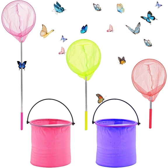 DEWEL 3 Pack Colored Telescopic Butterfly Nets, Fishing Nets, Bug Insect Catching Nets for Kids, Extendable 34 Inches,Pop up Insect Mesh Cage,Foldable Buckets,Outdoor