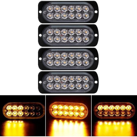DEWEL 4-Pack 12 LED Amber Strobe Lights Vehicles Trucks Emergency Strobe Lights Kit 12V -24V Beacon Warning Hazard Flash Strobe Lights Bar Grill Grille Surface Mount Super Bright Waterproof, Amber