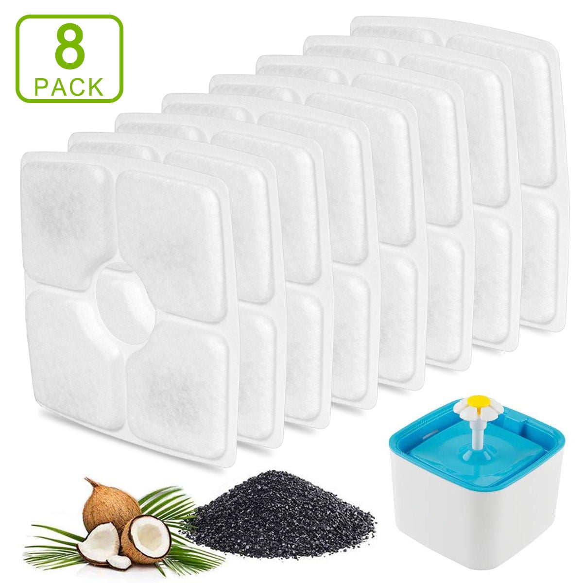 DEWEL 8 Packs Cat Water Fountain Filters Replacement, Activated Carbon Pet Fountain Replacement
