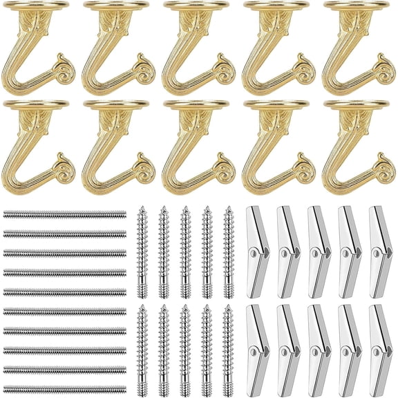 DEWEL Ceiling Hooks 10 Sets,Wall Hanger Hooks Heavy Duty Metal Screw Hooks Wall Wood Cabinet Hollow Walls Ceiling for Light Plants Wind Chimes,Gold