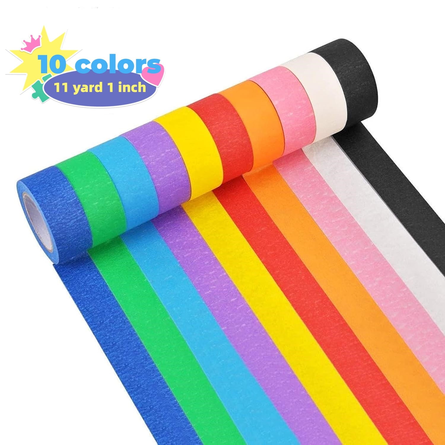 DEWEL Colored Masking Tape 1 inch 11 Yard  Rianbow Tape, 10 Bright Colors Labeling Tape Art Tape for Kids DIY Art Craft Teacher Supplies Decor Painters Tape Waterproof Paper Tape