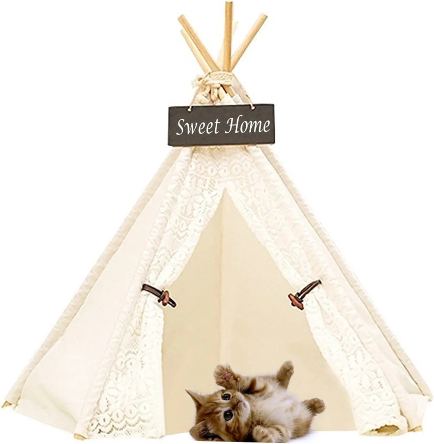 DEWEL Pet Teepee Tent, Portable Washable Play House for Dogs & Cats, Lace Style Pet Bed