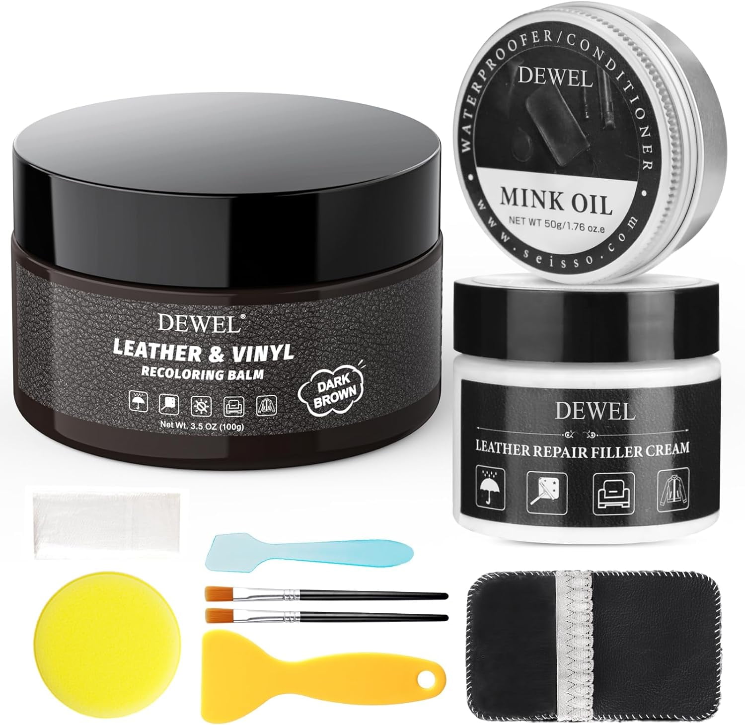 DEWEL Leather and Vinyl Recoloring Balm,Mink Oil,Leather Repair Filler Cream