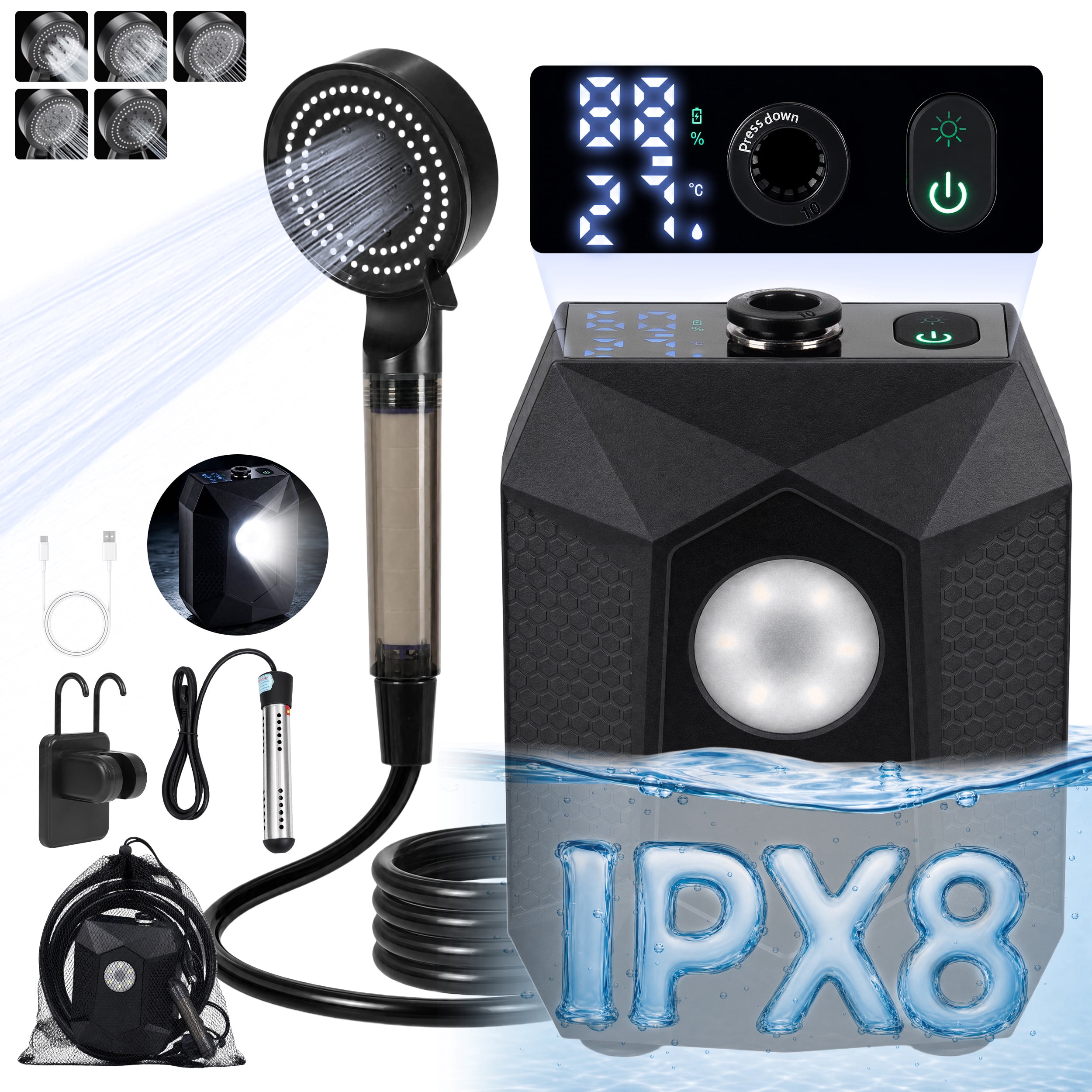 DEWEL Camping Shower 2.6 GPM Portable Shower Kit with 2000W Immersion Water Heater