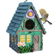 DEWEL Waterproof Bird Houses for Outside, Decorative Resin Birdhouses for Outdoors Garden Yard Decor, Hanging Bird House with Flower for Bluebird Finch Swallow Chickadee, Nesting Box for Bird Lovers