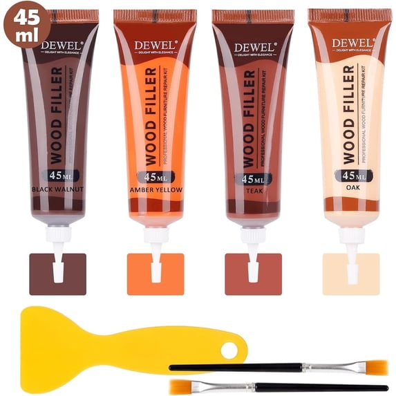 DEWEL Wood Filler 4 Colors,Wood Repair Filler Kit, 45ML Furniture Touch Up Fillers with 2 Brushes and 1 Scraper for Scratches, Cratches, Stains on Hardwood Floor, Laminate, Door, Cabinet, Table