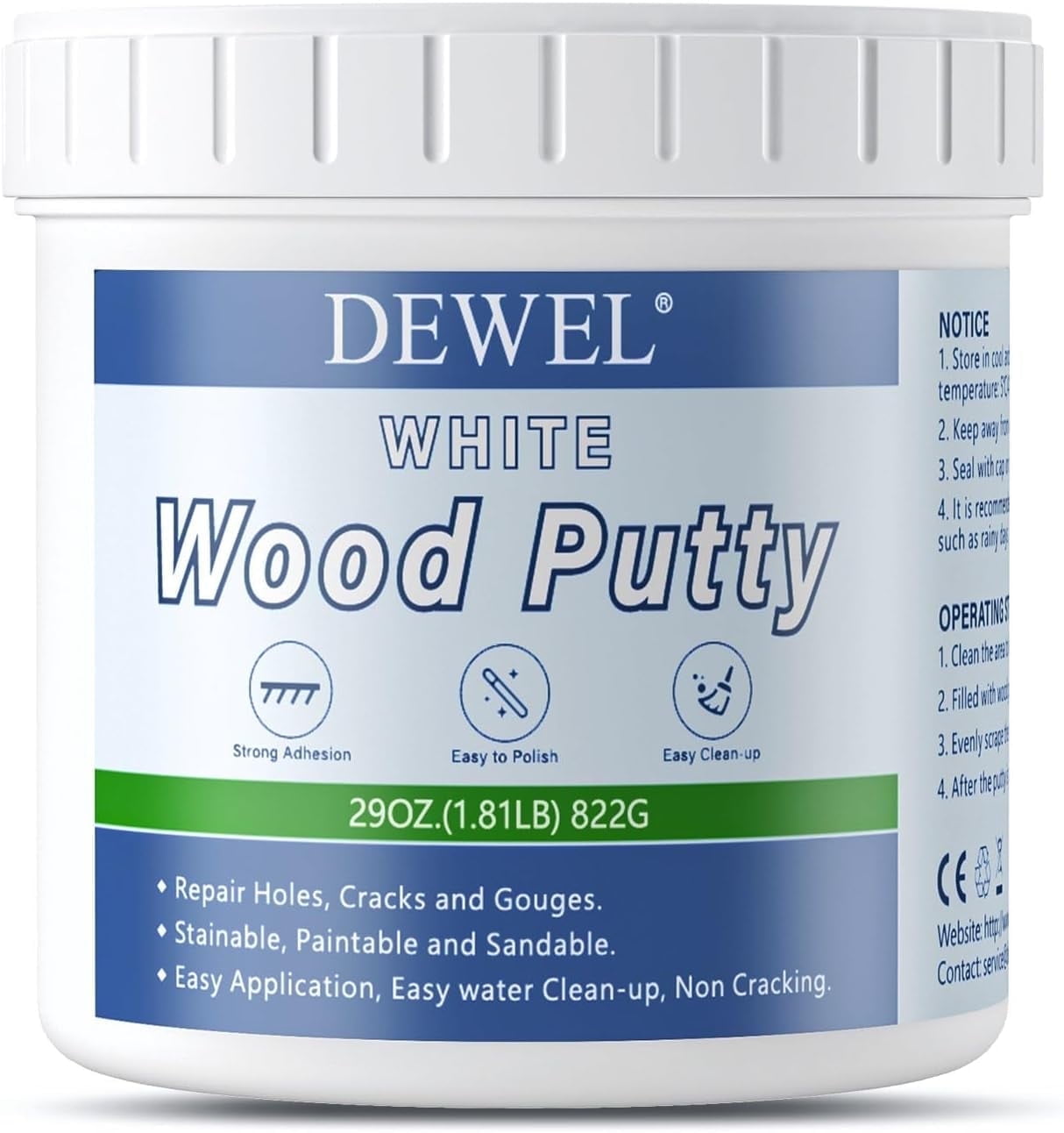 DEWEL Wood Putty, 29 Ounce White Filler Putty, Wood Filler Paintable, Stainable, High-Capacity Furniture Repair Kit Quickly Restore Wood Holes and Cracks on Wooden Furniture