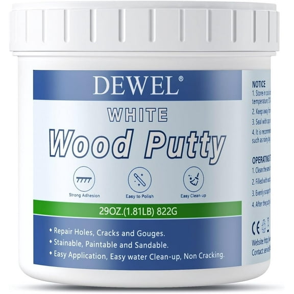 DEWEL Wood Putty, 29 Ounce White Filler Putty, Wood Filler Paintable, Stainable, High-Capacity Furniture Repair Kit Quickly Restore Wood Holes and Cracks on Wooden Furniture