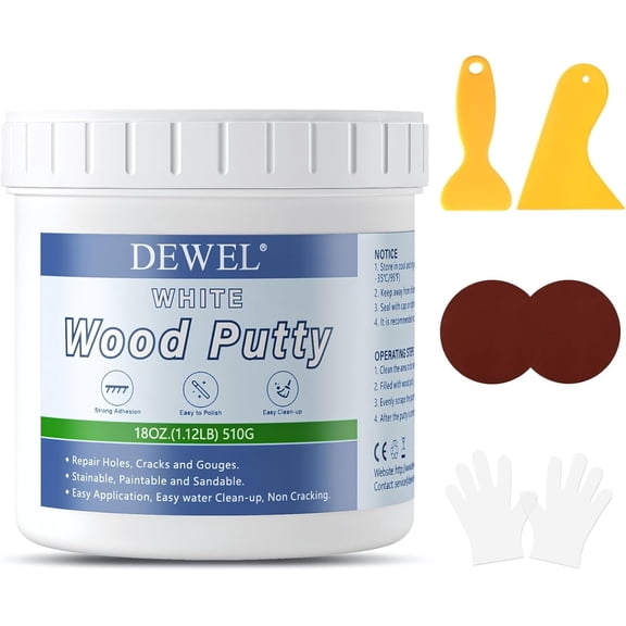 DEWEL Wood Putty, White Wood Filler Putty, 18 Ounce Wood Filler Paintable, Stainable, Premium Wood Furniture Repair Kit Quickly Restore Wood Holes and Cracks on Wooden Furniture