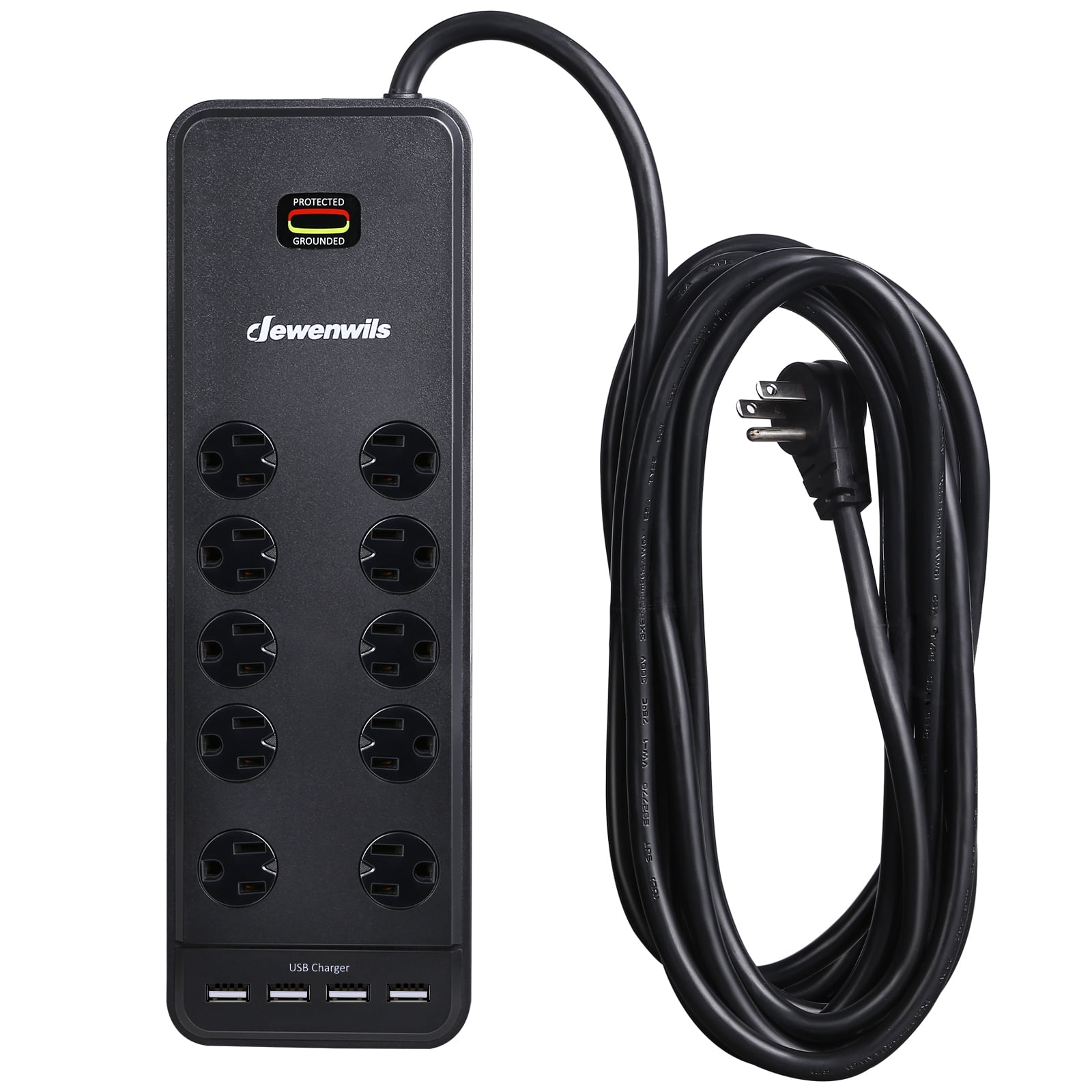 DEWENWILS 10-Outlet Power Strip with 4 USB Ports, 2480J Surge Protector with 15 ft Long Cord, Black