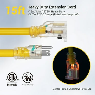 DEWENWILS 15 ft Yellow Jacket Extension Cord with Light End, 12/3C Gauge SJTW 3 Prong Grounded Heavy Duty Power Cable for Indoor Outdoor