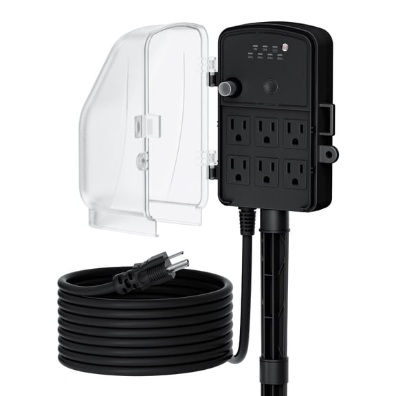 DEWENWILS 15FT Outdoor Power Stake Timer with 6 Outlets, 125VAC 15A, Light Sensor & Overload Protection, 4 Modes (Always On/Off/Photocell/Timer), Weatherproof, Black