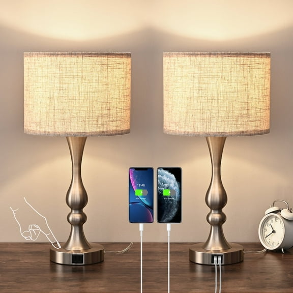 EDISHINE Touch Control 3 Way Table Lamps Set of 2,Bedside Lamp with 2 Charging USB Ports Dimmable E26 Base included 2 Light Bulbs