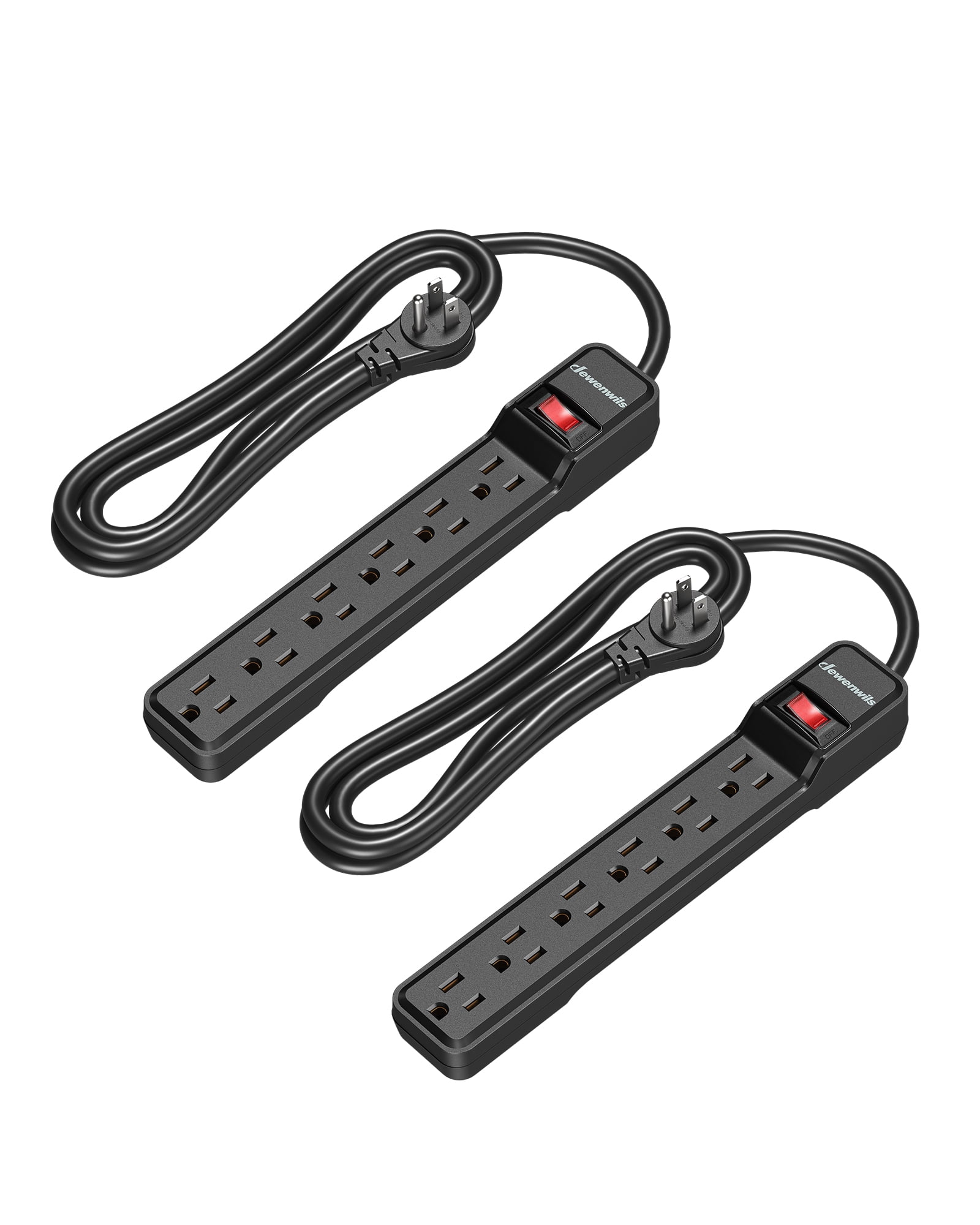 Black 6-Outlet Surge Protector Power Strip with 6ft Cord, 2-Pack