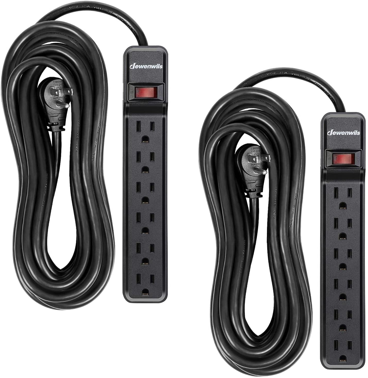 DEWENWILS 2-Pack 6-Outlet Surge Protector Power Strip with 25ft Long Power Cord, Low Profile Flat Plug, 500 J, Black