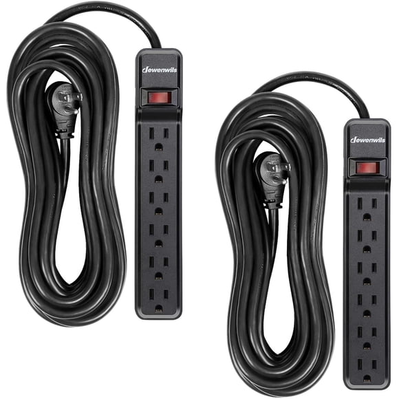 DEWENWILS 2-Pack 6-Outlet Surge Protector Power Strip with 25ft Long Power Cord, Low Profile Flat Plug, 500 J, Black
