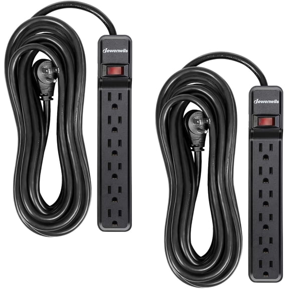 DEWENWILS 2-Pack 6-Outlet Surge Protector Power Strip with 25ft Long Power Cord, Low Profile Flat Plug, 500 J, Black