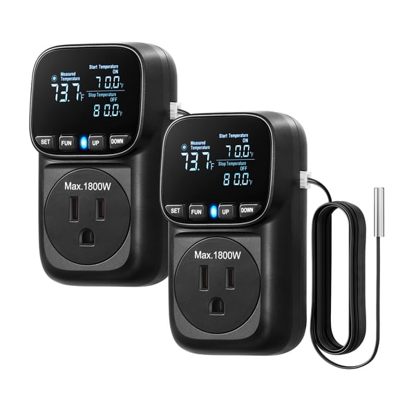 DEWENWILS 2 Pack Digital Temperature Controller, 15A/1800W Thermostat Outlet Plug, VA Display Heating Cooling Control Timer, -40~210, Cyclic Timing/Countdown, for Greenhouse Incubator, Black