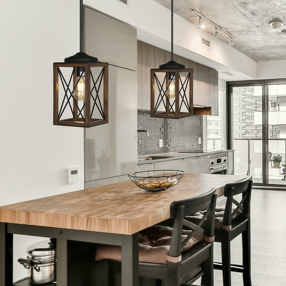 DEWENWILS 2 Pack Farmhouse Pendant Lighting for Kitchen Island, Wood and Metal Hanging Light Fixture for Dining Room, Adjustable Height