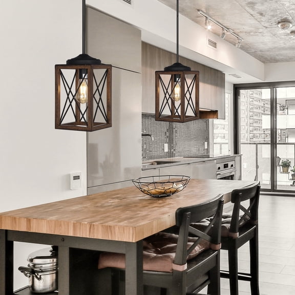 DEWENWILS 2 Pack Farmhouse Pendant Lighting for Kitchen Island, Wood and Metal Hanging Light Fixture for Dining Room, Adjustable Height