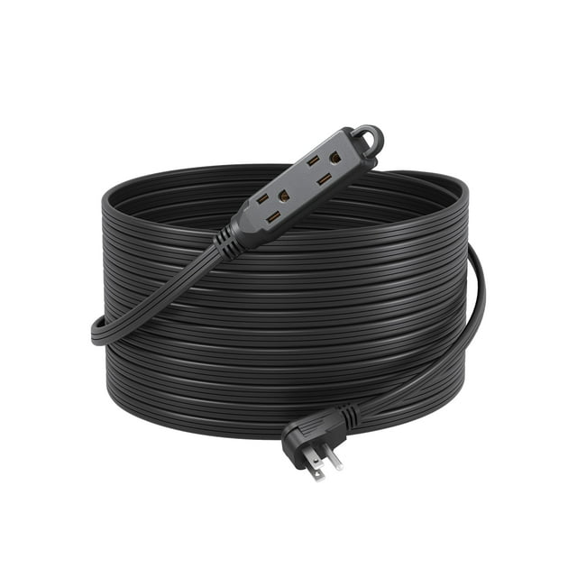 DEWENWILS 25 FT Flat Plug Extension Cord, 16/3 Awg Grounded Power Cable, 3 Outlets Power Strip for Indoor Use, SPT-3 Cord, Black