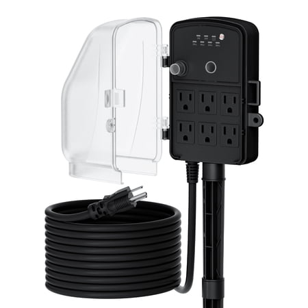 DEWENWILS 25FT Outdoor Power Stake Timer with 6 Outlets, 125VAC 15A, Light Sensor & Overload Protection, 4 Modes (Always On/Off/Photocell/Timer), Weatherproof, Black