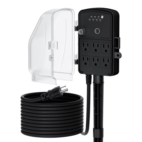 DEWENWILS 25FT Outdoor Power Stake Timer with 6 Outlets, 125VAC 15A, Light Sensor & Overload Protection, 4 Modes (Always On/Off/Photocell/Timer), Weatherproof, Black
