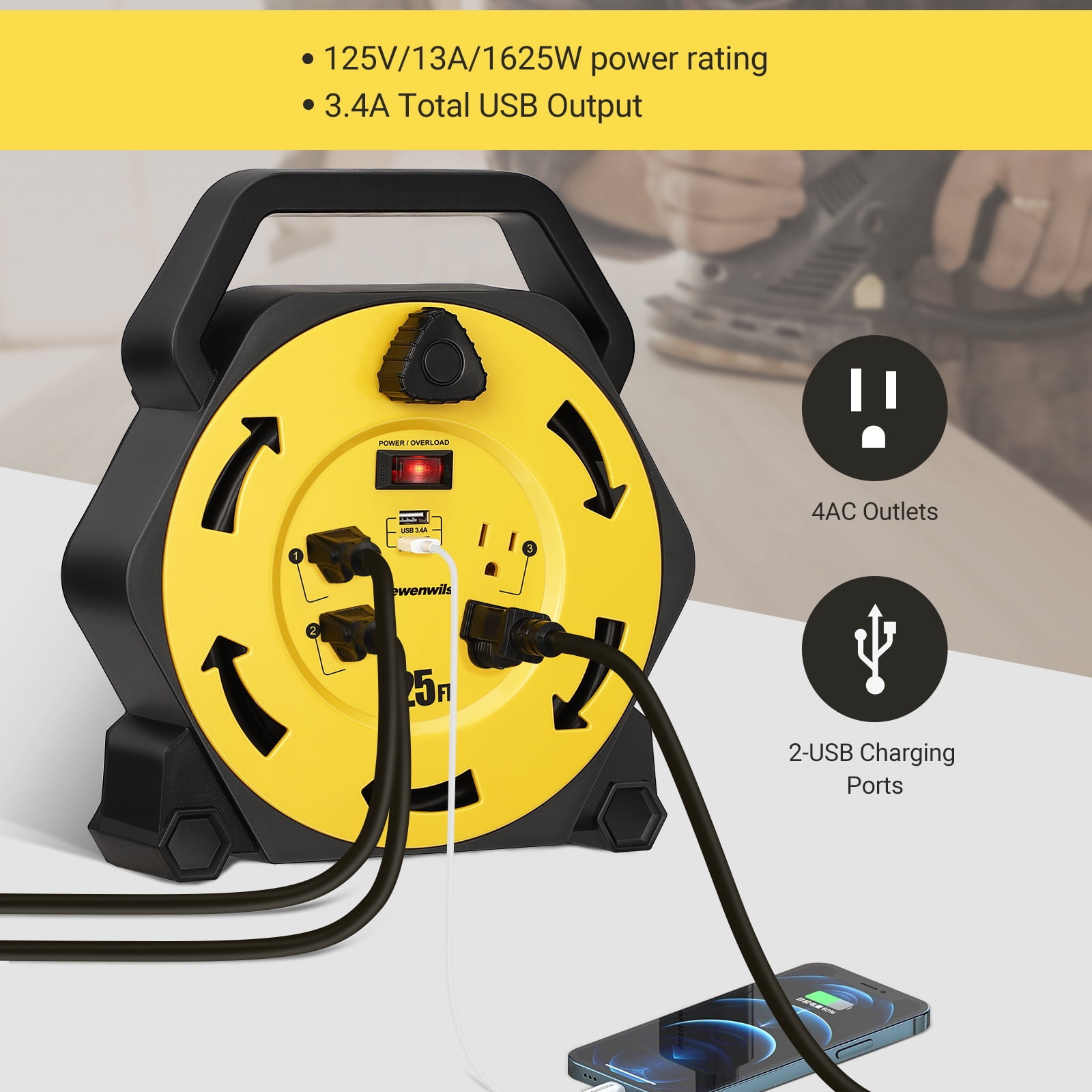 DEWENWILS Extension Cord Reel with 4 Grounded Outlets, 14/3 AWG