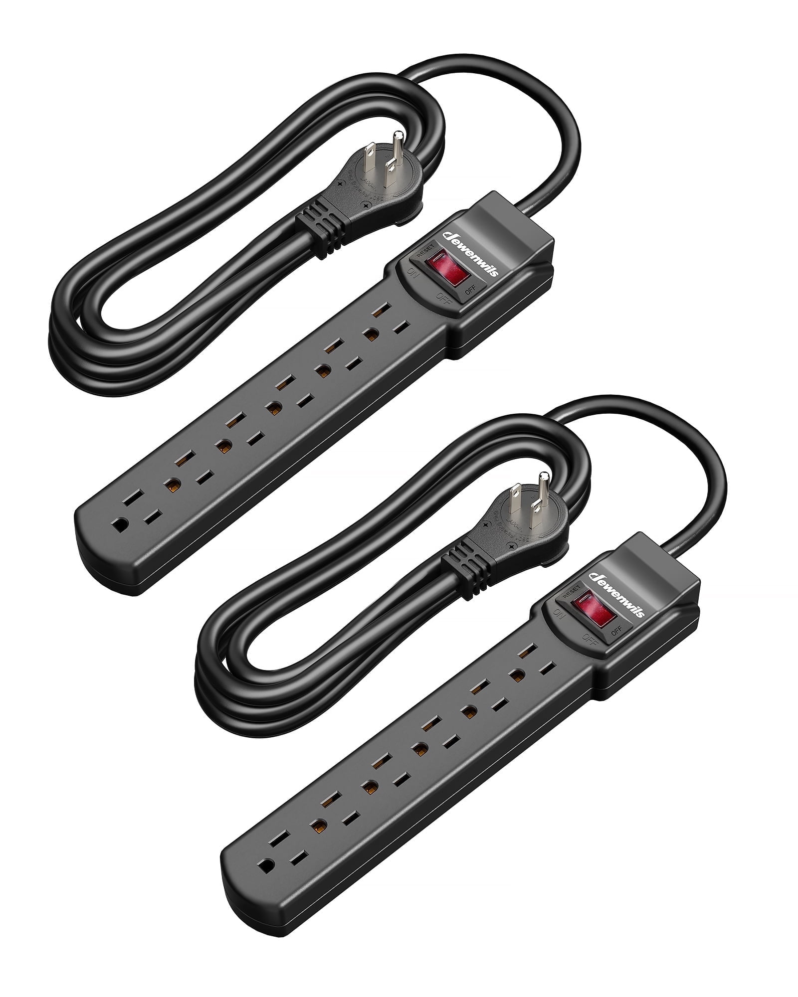 DEWENWILS 2Pack 15A 125V 800J Surge Protector Power Strips 6ft Heavy Duty SJT Cord, 360° Flat Plug, ETL Certified, Black