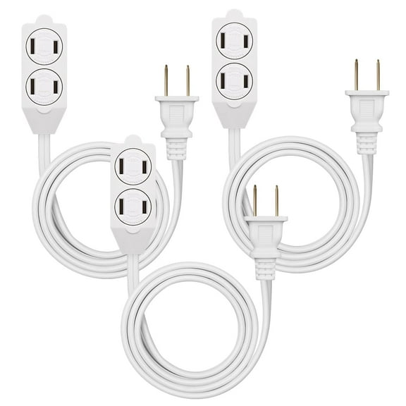 DEWENWILS 3 Pack 3ft Indoor 2 Prong Extension Cord with 3 Outlets Extension Power Strip 16 AWG Power Cord White