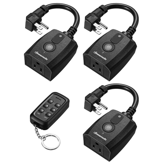 DEWENWILS 3-Pack Wireless Remote Control Outlets for Outdoor with 6-Key RF Remote  15A 125VAC 100ft Range, 14AWG SJTW Cord, Nickel-Plated Copper, Black