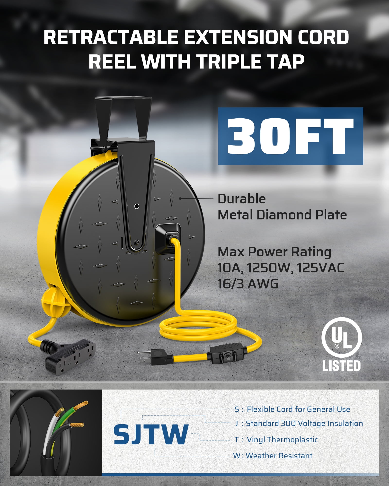 DEWENWILS 30 Ft Retractable Extension Cord, 16/3 Gauge SJTW Power Cord Reel  with 3 Outlets Triple Tap