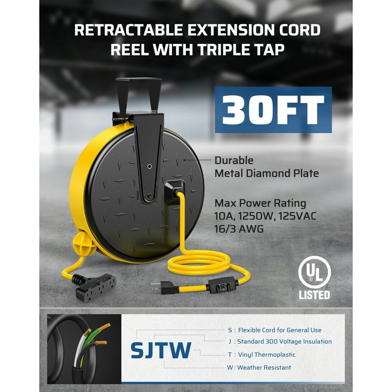 DEWENWILS 30 Ft Retractable Extension Cord, 16/3 Gauge SJTW Power Cord Reel  with 3 Outlets Triple Tap