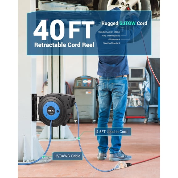 DEWENWILS 40FT Extension Cord Reel, Retractable Extension Cord, 12AWG/3C SJTOW, 15A, Blue