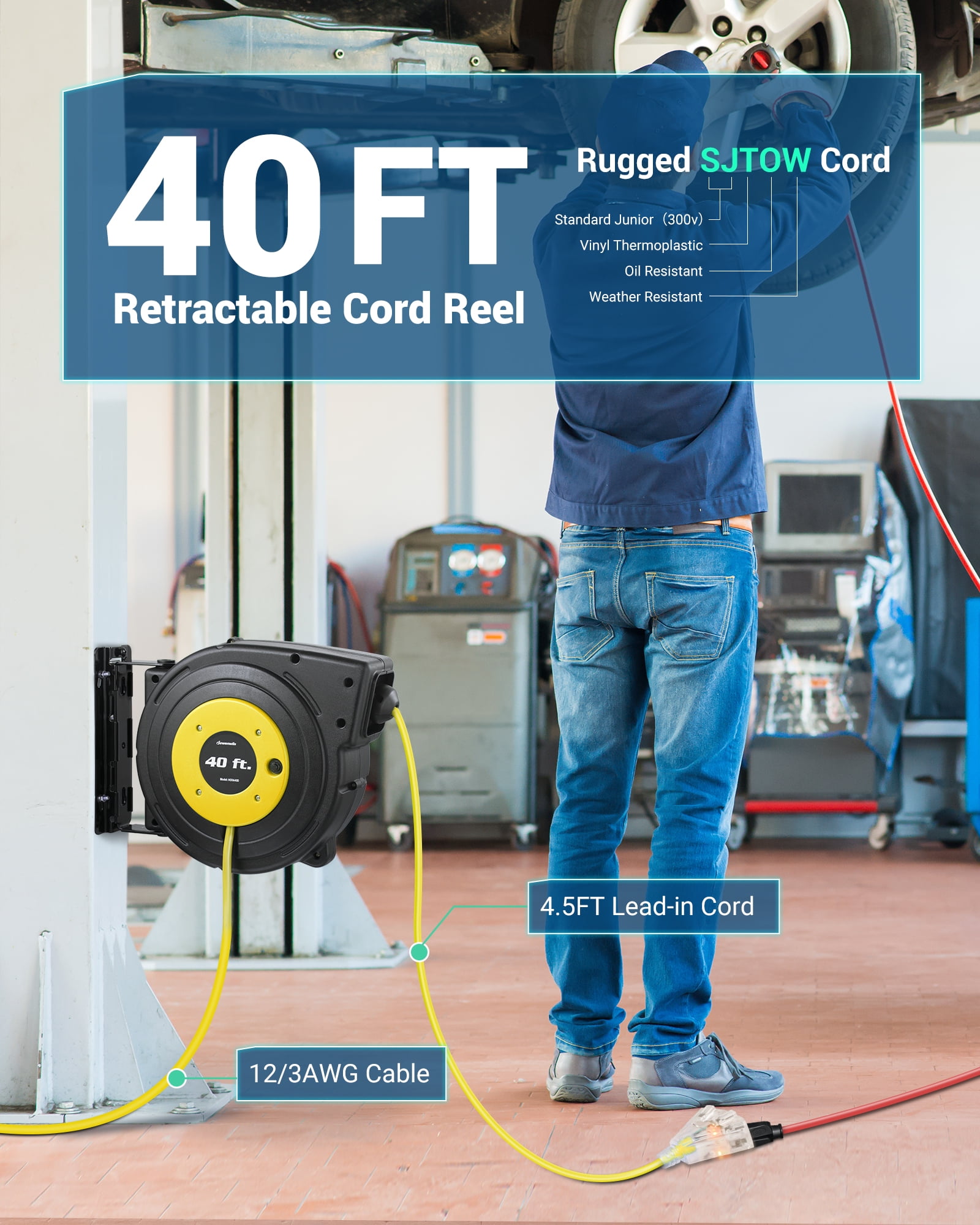 Dewenwils 50ft Retractable Extension Cord Reel, Heavy Duty Power Electric  Cord Reel