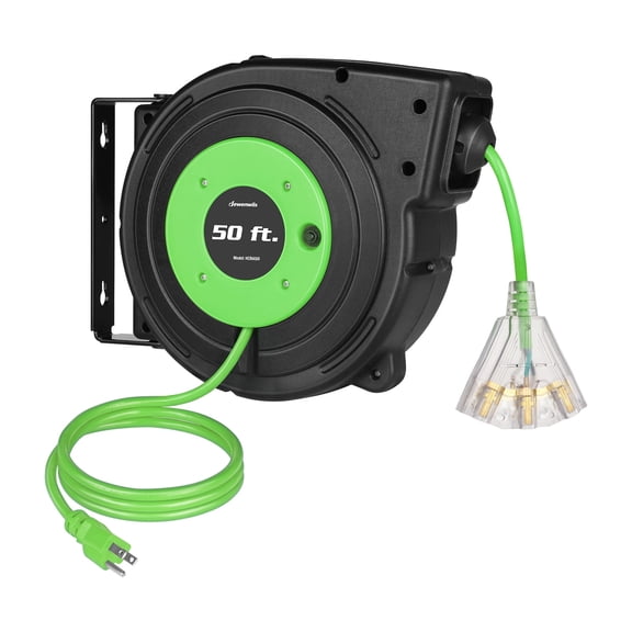 DEWENWILS 50FT Retractable Extension Cord Reel, 14AWG/3C SJTOW Extension Cord, Wall / Ceiling Mount