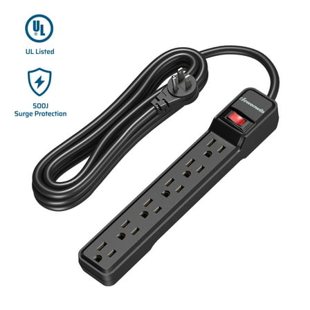 DEWENWILS 6-Outlet Surge Protector Power Strip with 10ft Long Extension Cord, Low Profile Flat Plug, 500 J, Black