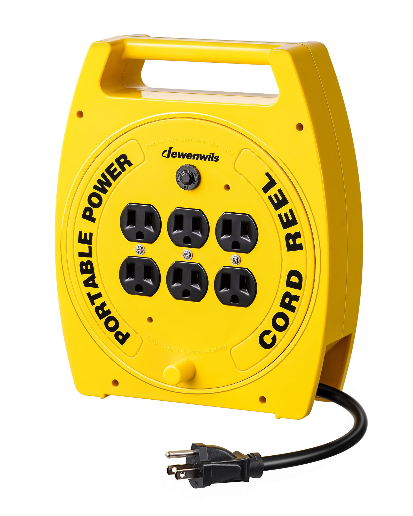 DEWENWILS 6 Outlets Extension Cord Reel, 30FT SJTW 16/3C Power Cord, Hand Wind Retractable, Overload Protection, 13 Amp Circuit Breaker, Yellow, Black, UL Listed