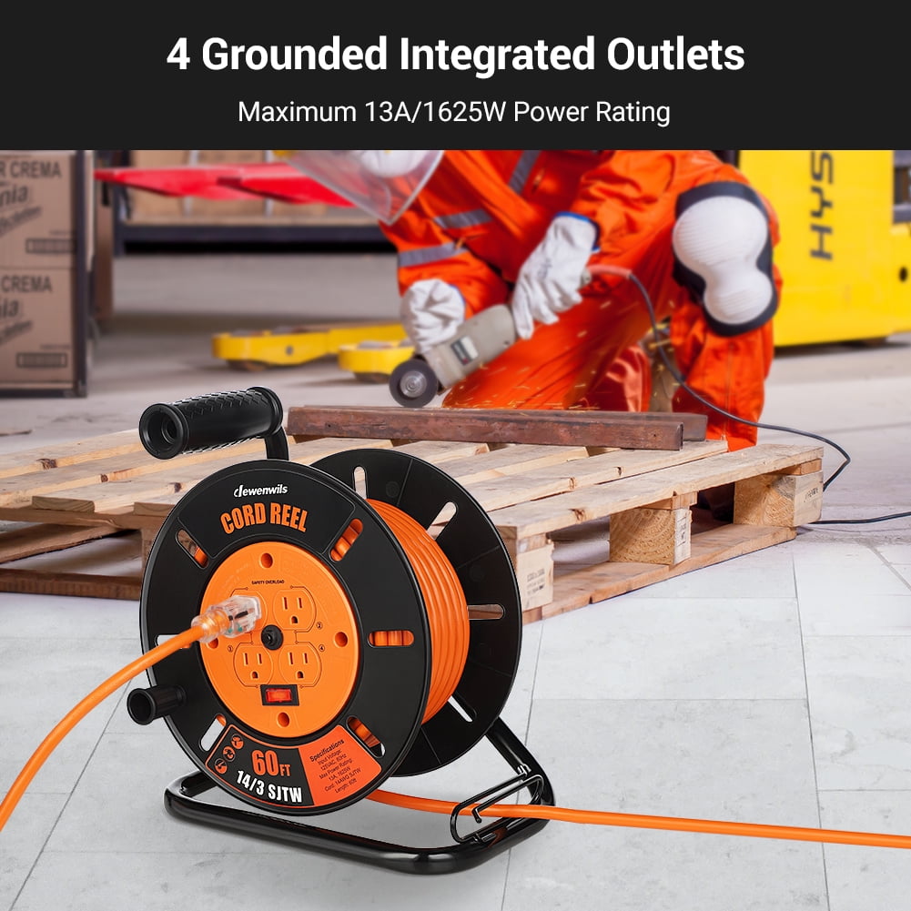 Link2Home 60 Ft Extension Cord Reel - Heavy Duty With 4 Outlets & Circuit Breaker