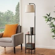 DEWENWILS 62in Floor Lamp with Table for Living Room, Rustic Farmhouse Wooden Floor Lamps, Attached End Table with Lamp for Bedroom, Office, Read Lighting, Home Decor, Ebony