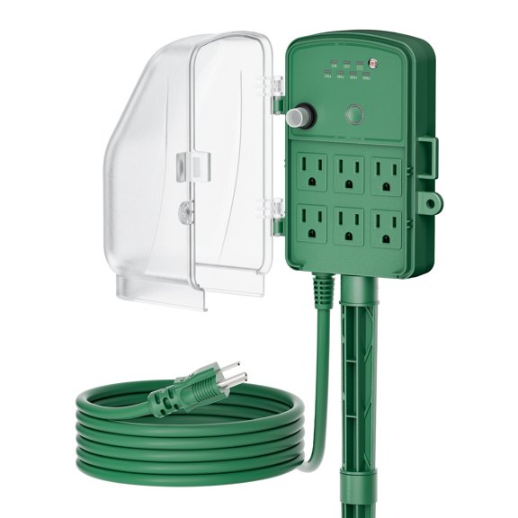 DEWENWILS 6FT Outdoor Power Stake Timer with 6 Outlets, 125VAC 15A, Light Sensor & Overload Protection, 4 Modes (Always On/Off/Photocell/Timer), Weatherproof, Green