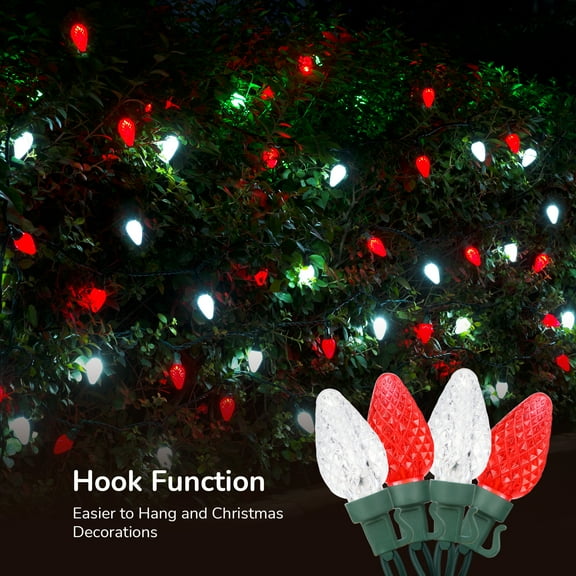 DEWENWILS C7 Christmas Lights Outdoor, 33.3 FT 50 LED Christmas String Lights Outdoor Decoration for Christmas Tree, Patio, Garden, Yard, Green Wire, Red & White, UL Listed