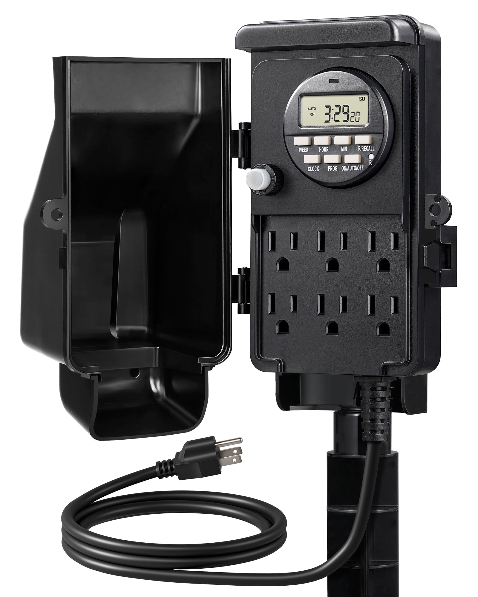 Black Heavy Duty Outdoor Digital Power Stake Timer with 6 Outlets