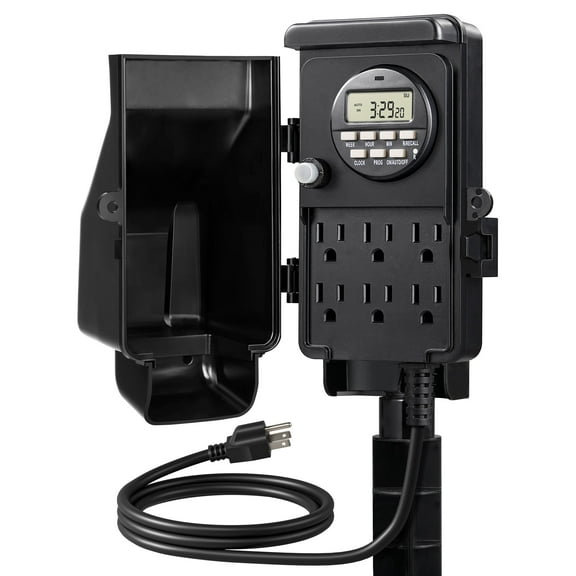 DEWENWILS Digital Outdoor Power Stake Timers, 6 Grounded Outlets, 6FT Extension Cord, 7 Day Heavy Duty Yard Stake Strip Timer for Christmas Lights Decoration, 1800W/15A