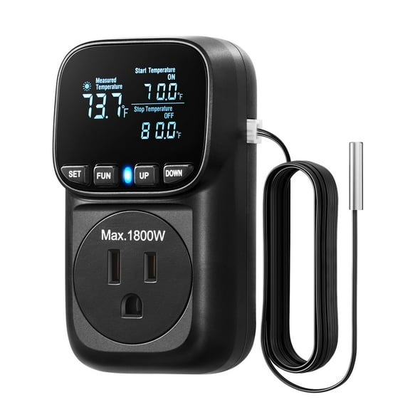 DEWENWILS Digital Temperature Controller, Heavy Duty 15A/1800W Thermostat Outlet Plug, VA Display Heating Cooling Control Timer, -40℉~210℉, Cyclic Timing/Countdown, for Greenhouse Incubator, Black