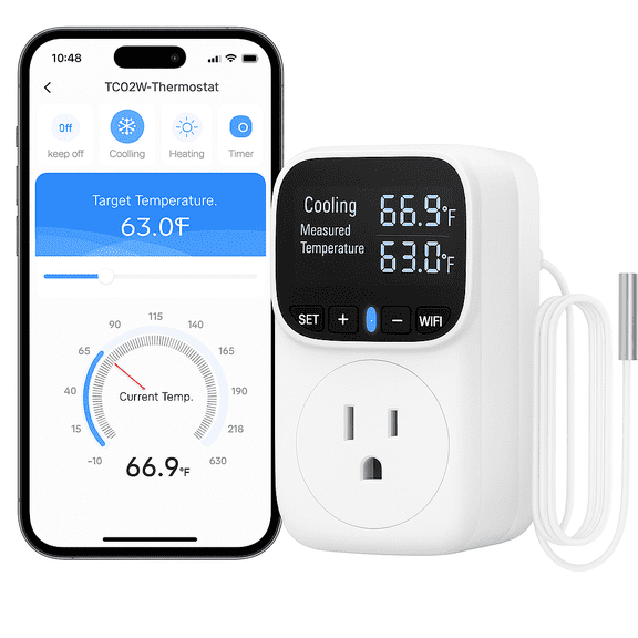 DEWENWILS Digital Temperature Controller, Heavy Duty 15A/1800W Thermostat Outlet Plug, VA Display Heating Cooling Control Timer, -40~210